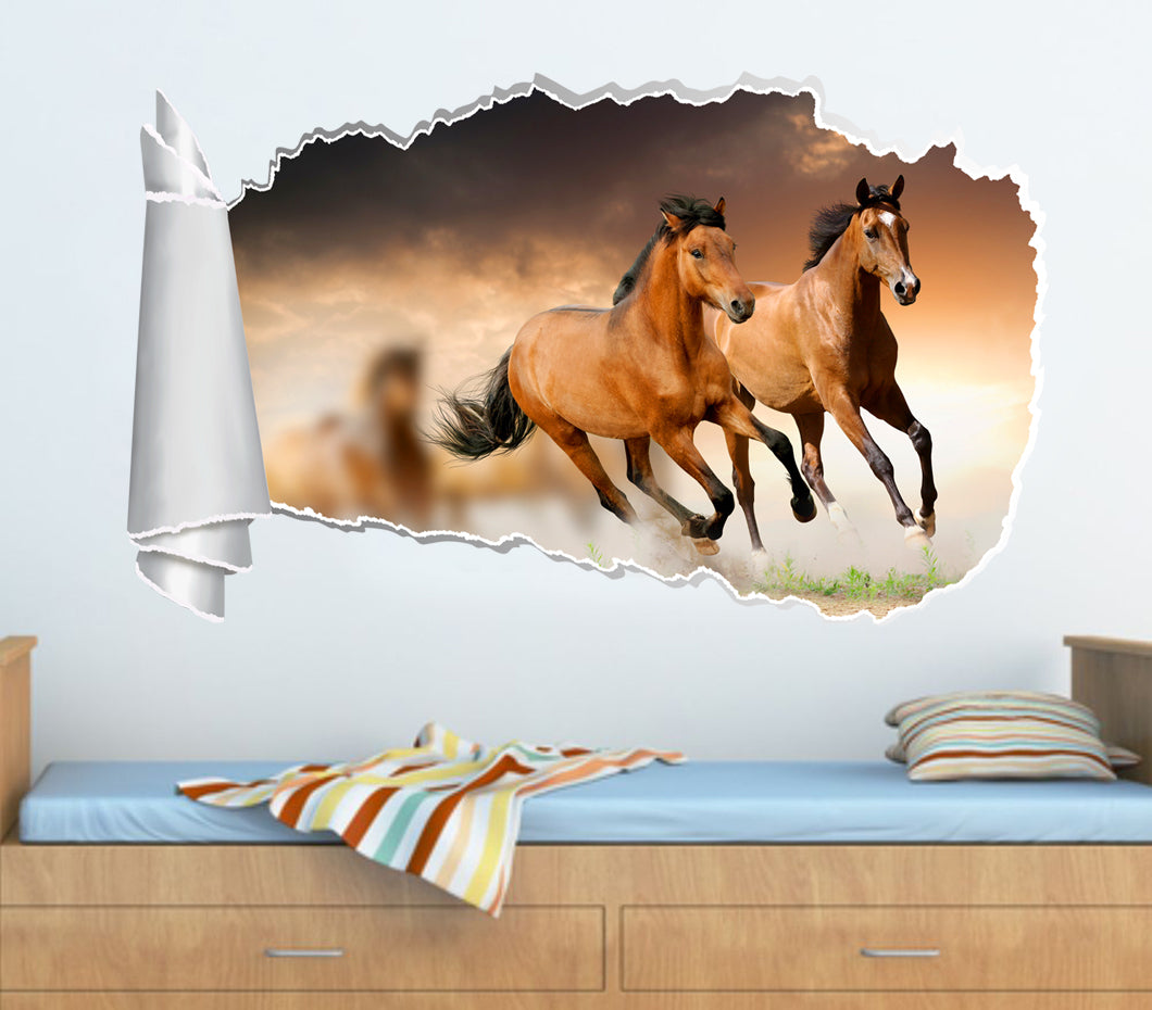 Horses Galloping Sunset 3D Torn Paper Hole Ripped Effect Decal Wall Sticker