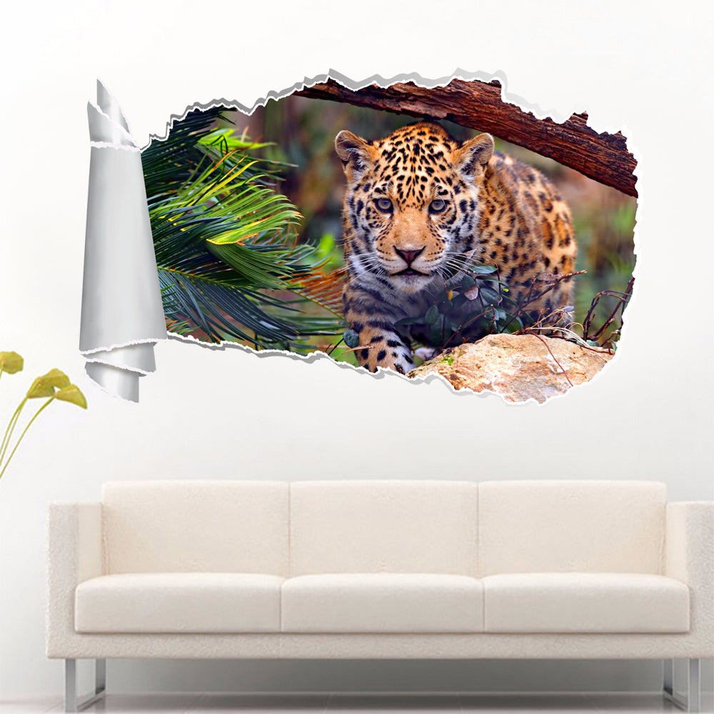 Jaguar 3D Torn Paper Hole Ripped Effect Decal Wall Sticker