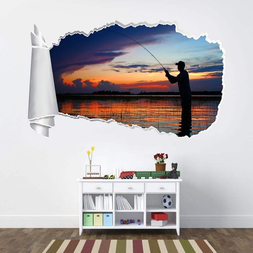 Fishing At Sunset 3D Torn Paper Hole Ripped Effect Decal Wall Sticker