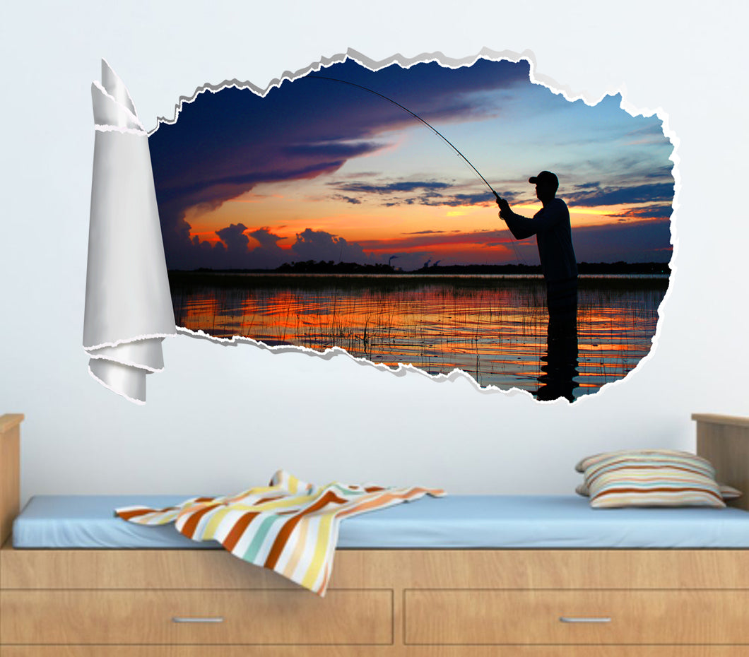 Fishing At Sunset 3D Torn Paper Hole Ripped Effect Decal Wall Sticker