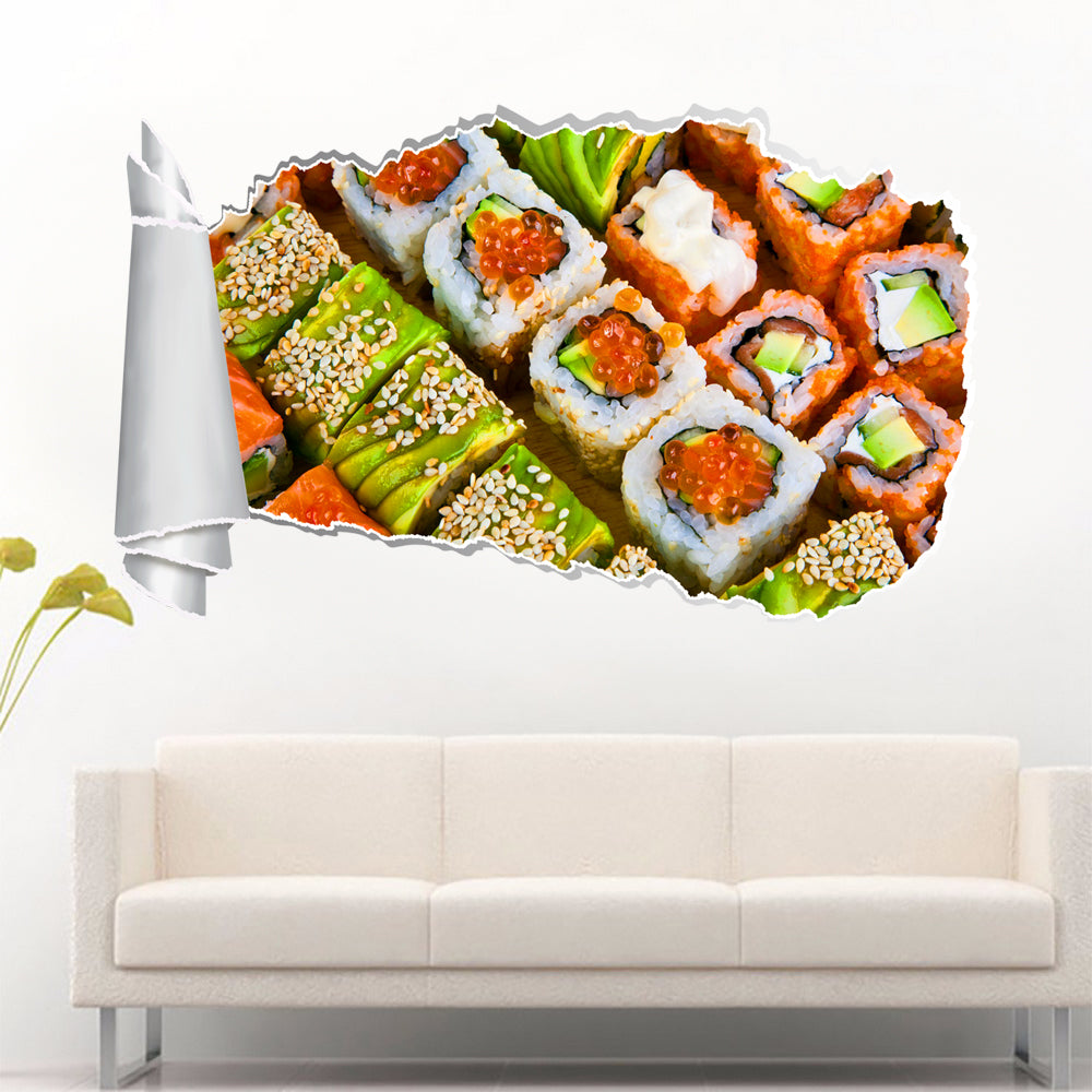 Sushi Japanese Food 3D Torn Paper Hole Ripped Effect Decal Wall Sticker