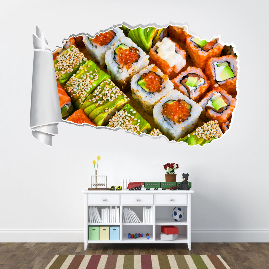 Sushi Japanese Food 3D Torn Paper Hole Ripped Effect Decal Wall Sticker