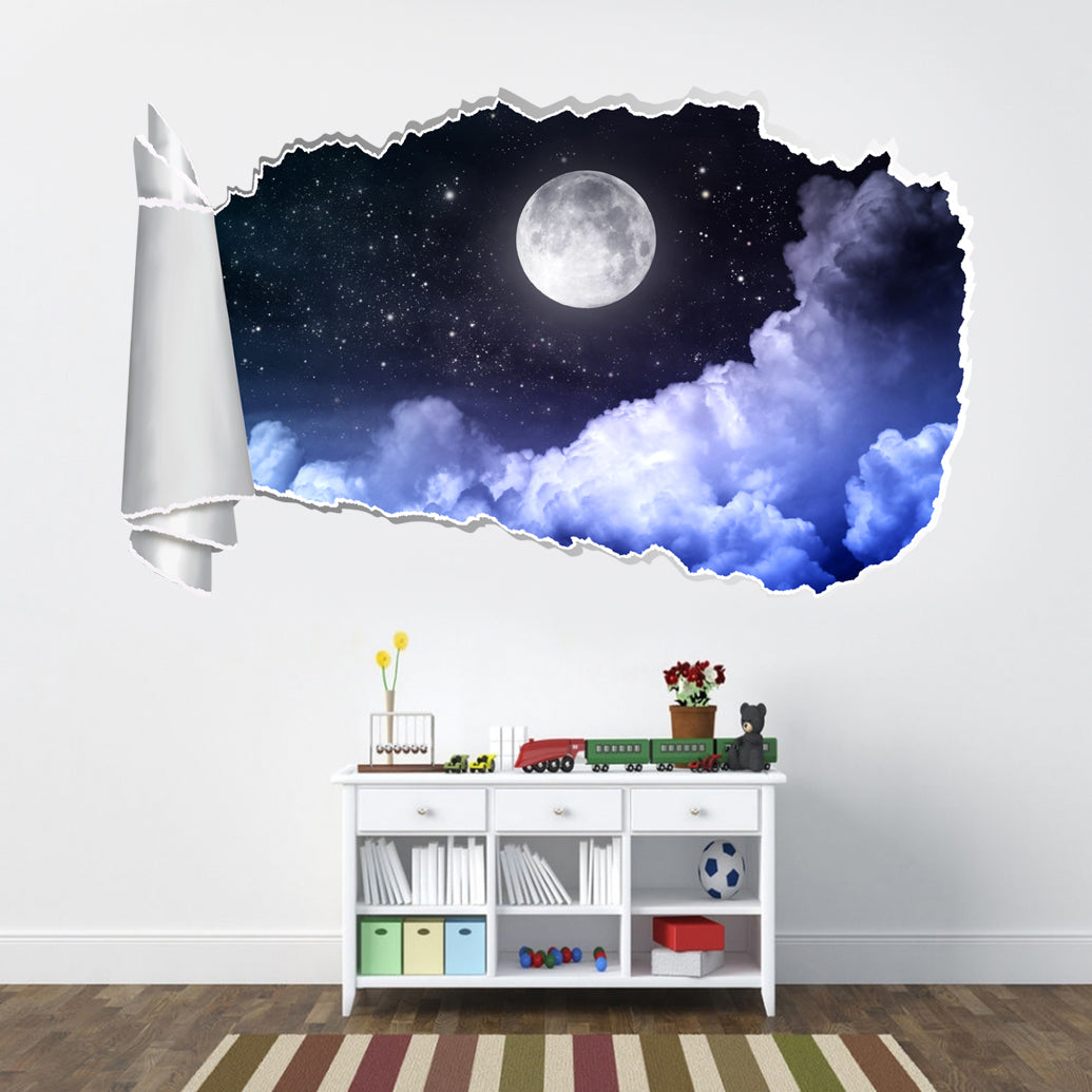 Pleine lune nuit étoilée 3D trou de papier déchiré autocollant mural effet déchiré