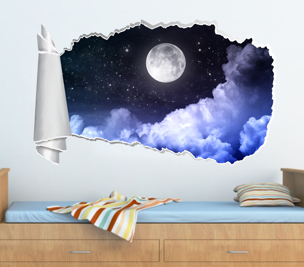 Pleine lune nuit étoilée 3D trou de papier déchiré autocollant mural effet déchiré