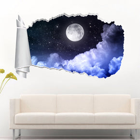 Full Moon Stary Night 3D Torn Paper Hole Ripped Effect Decal Wall Sticker