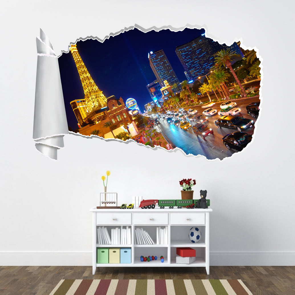 Las Vegas Strip 3D Torn Paper Hole Ripped Effect Decal Wall Sticker