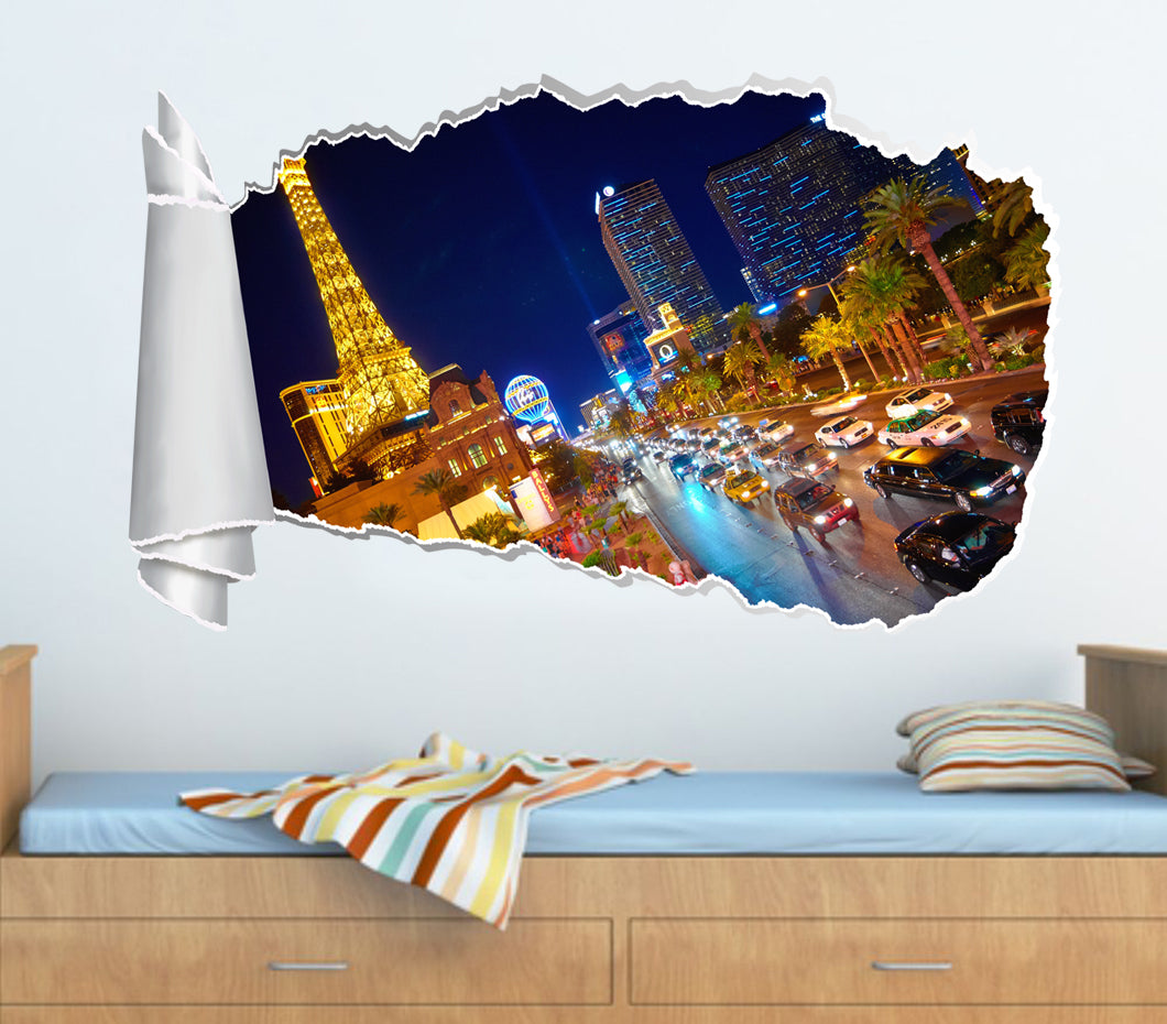 Las Vegas Strip 3D Torn Paper Hole Ripped Effect Decal Wall Sticker