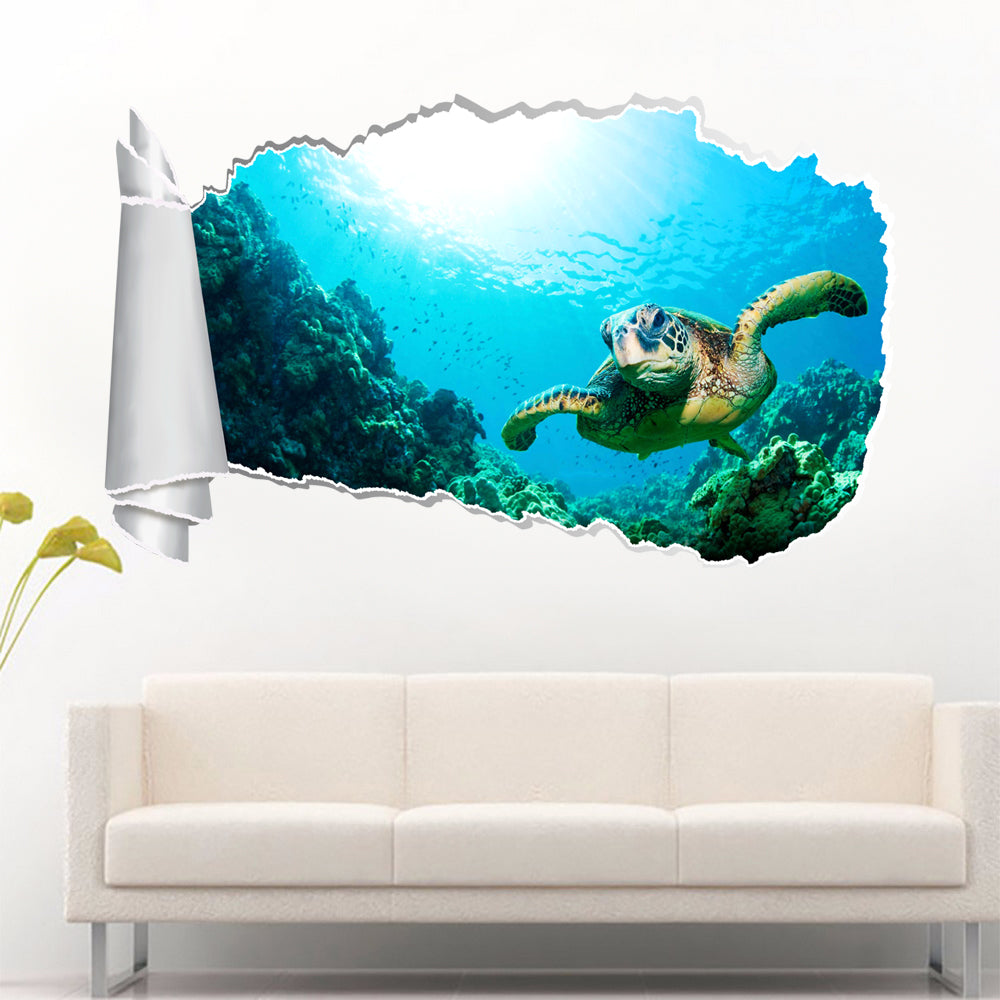 Sea Turtle 3D Torn Paper Hole Ripped Effect Decal Wall Sticker