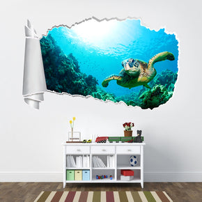 Tortue de mer 3D trou de papier déchiré autocollant mural effet déchiré