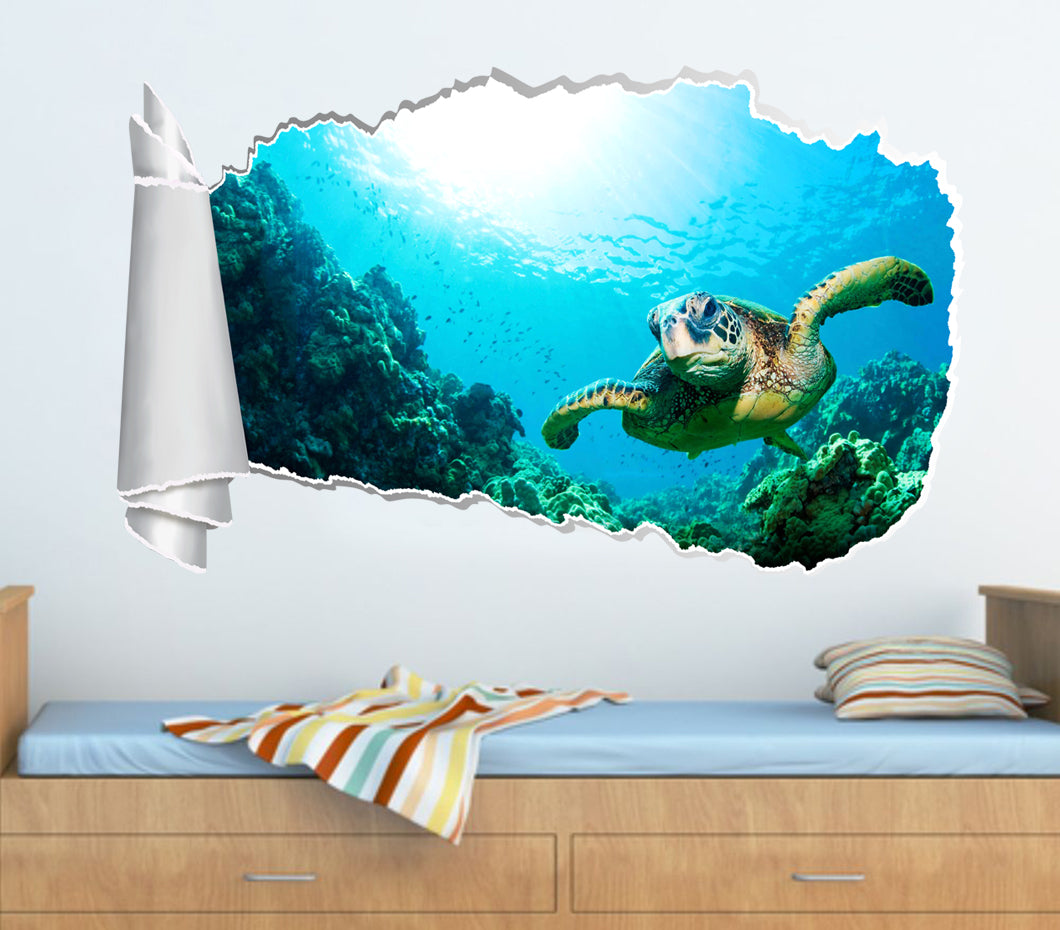 Sea Turtle 3D Torn Paper Hole Ripped Effect Decal Wall Sticker