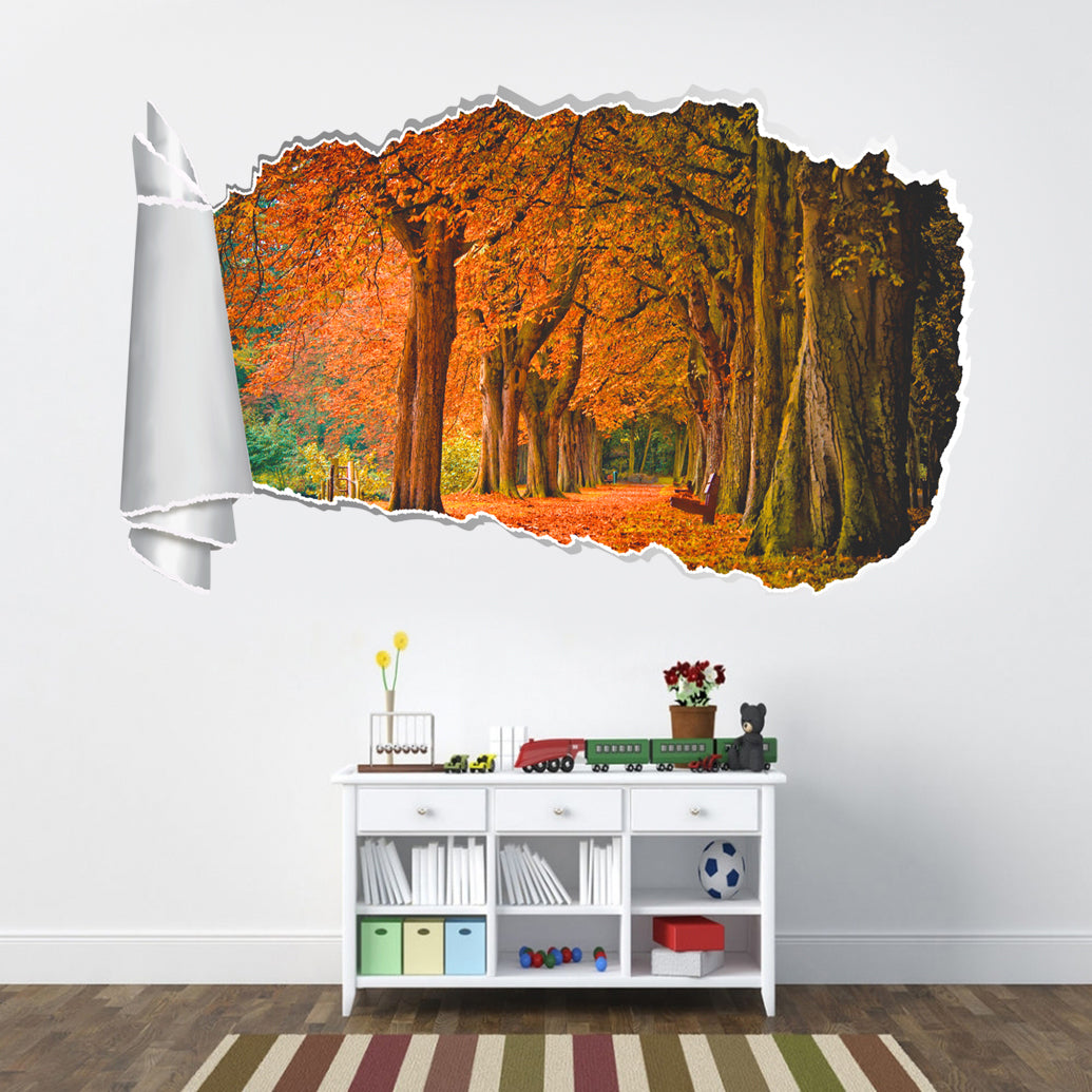 Autumn Leaves Trees 3D Torn Paper Hole Ripped Effect Decal Wall Sticker
