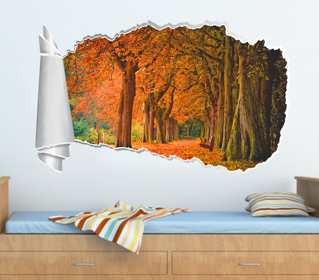 Autumn Leaves Trees 3D Torn Paper Hole Ripped Effect Decal Wall Sticker