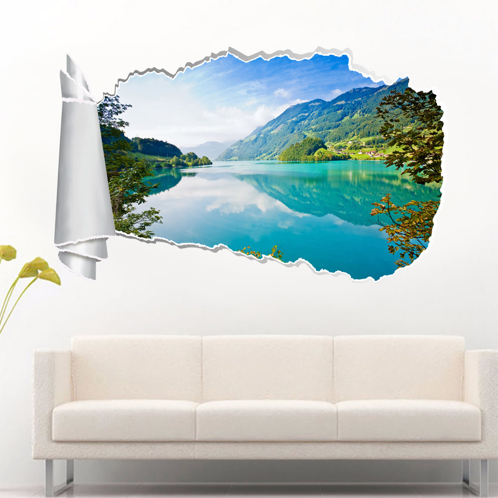Turquoise Mirror Lake 3D Torn Paper Hole Ripped Effect Decal Wall Sticker