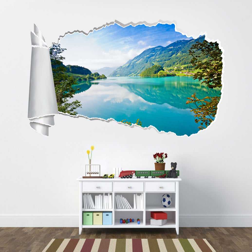 Turquoise Mirror Lake 3D Torn Paper Hole Ripped Effect Decal Wall Sticker