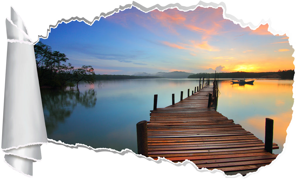 Bridge Over Water Sunset 3D Torn Paper Hole Ripped Effect Decal Wall Sticker