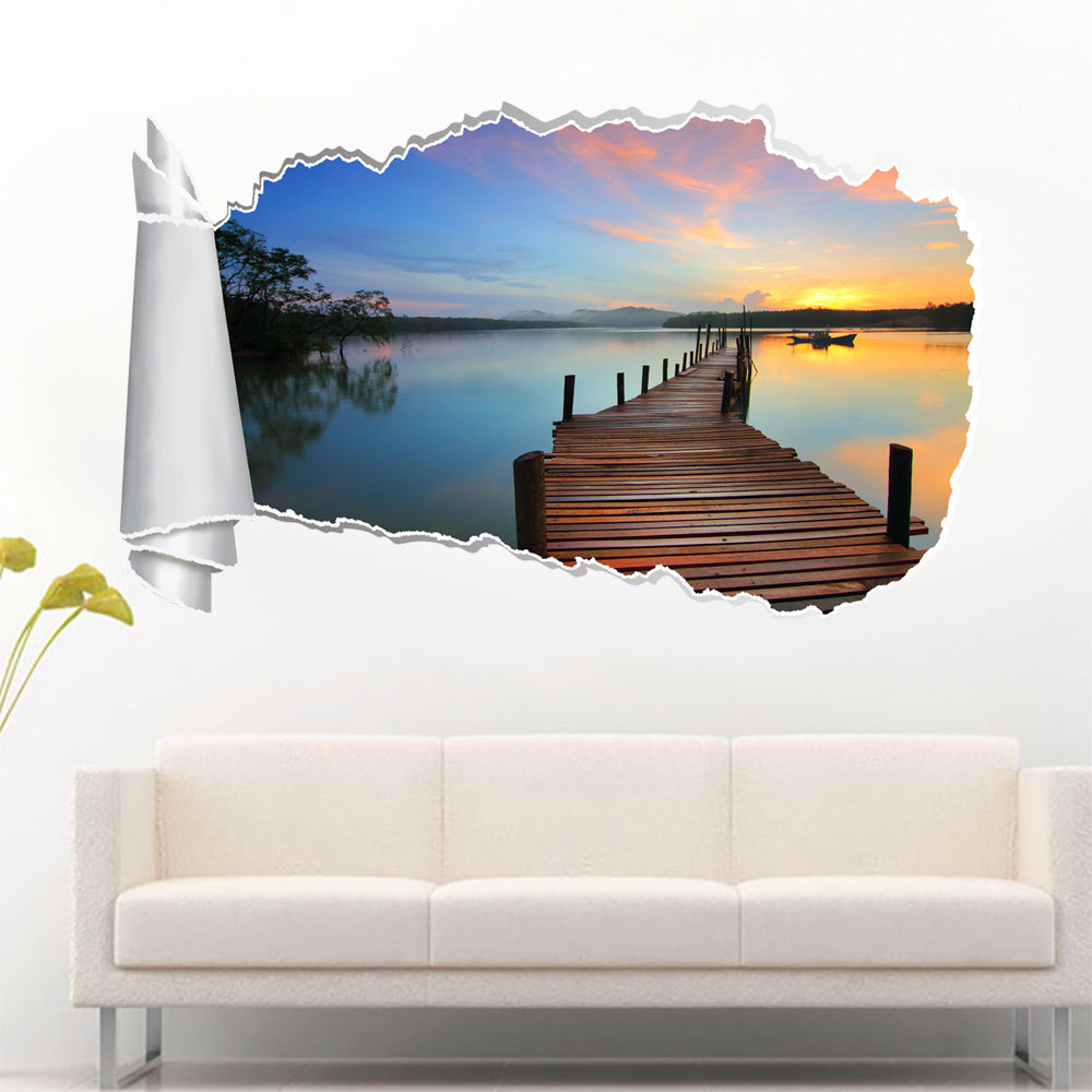 Bridge Over Water Sunset 3D Torn Paper Hole Ripped Effect Decal Wall Sticker
