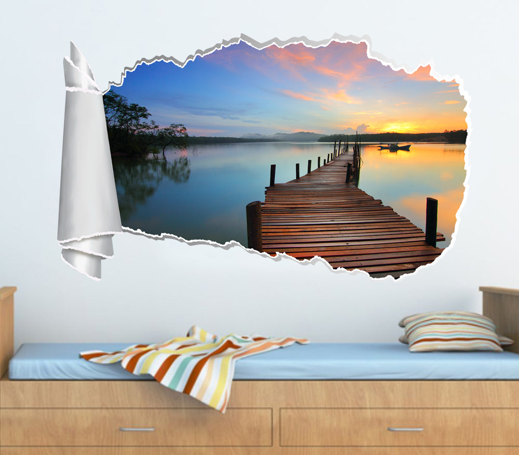 Bridge Over Water Sunset 3D Torn Paper Hole Ripped Effect Decal Wall Sticker