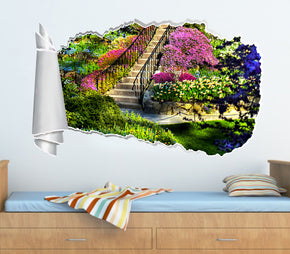 Fleur de jardin vue 3D trou de papier déchiré autocollant mural effet déchiré