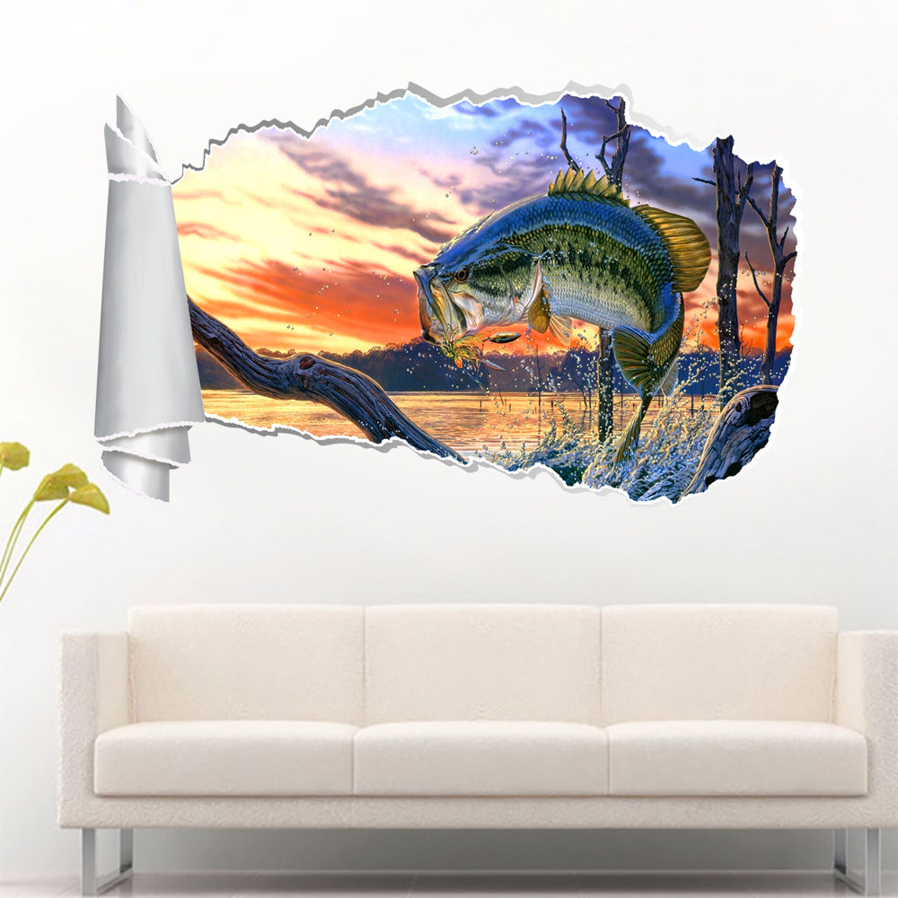 Large Mouth Bass 3D Torn Paper Hole Ripped Effect Decal Wall Sticker