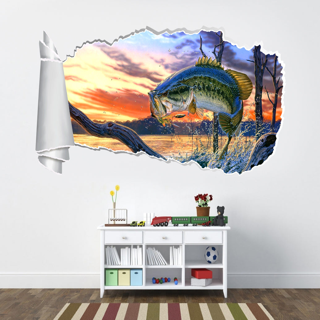 Large Mouth Bass 3D Torn Paper Hole Ripped Effect Decal Wall Sticker