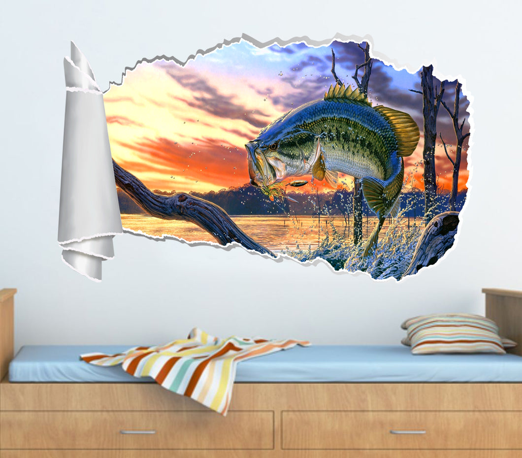 Large Mouth Bass 3D Torn Paper Hole Ripped Effect Decal Wall Sticker
