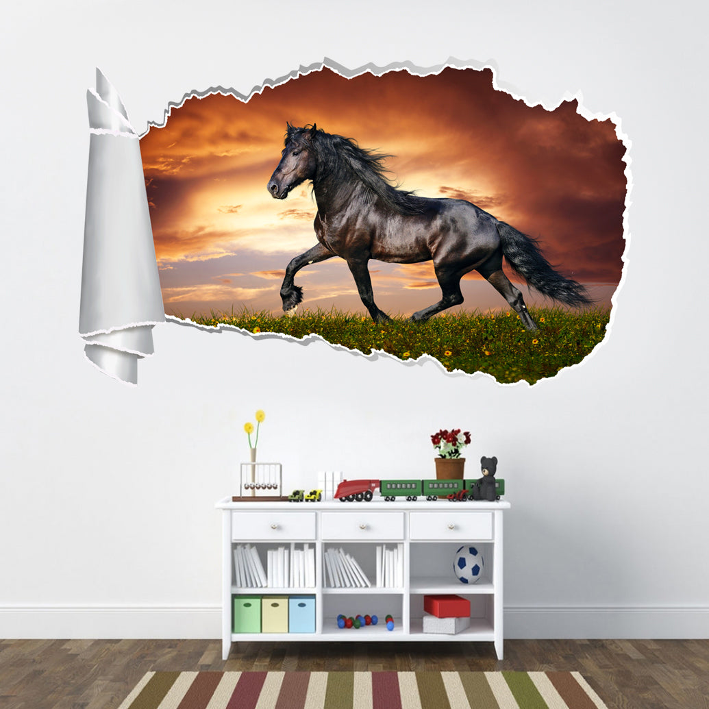 Noble Black Horse 3D Torn Paper Hole Ripped Effect Decal Wall Sticker