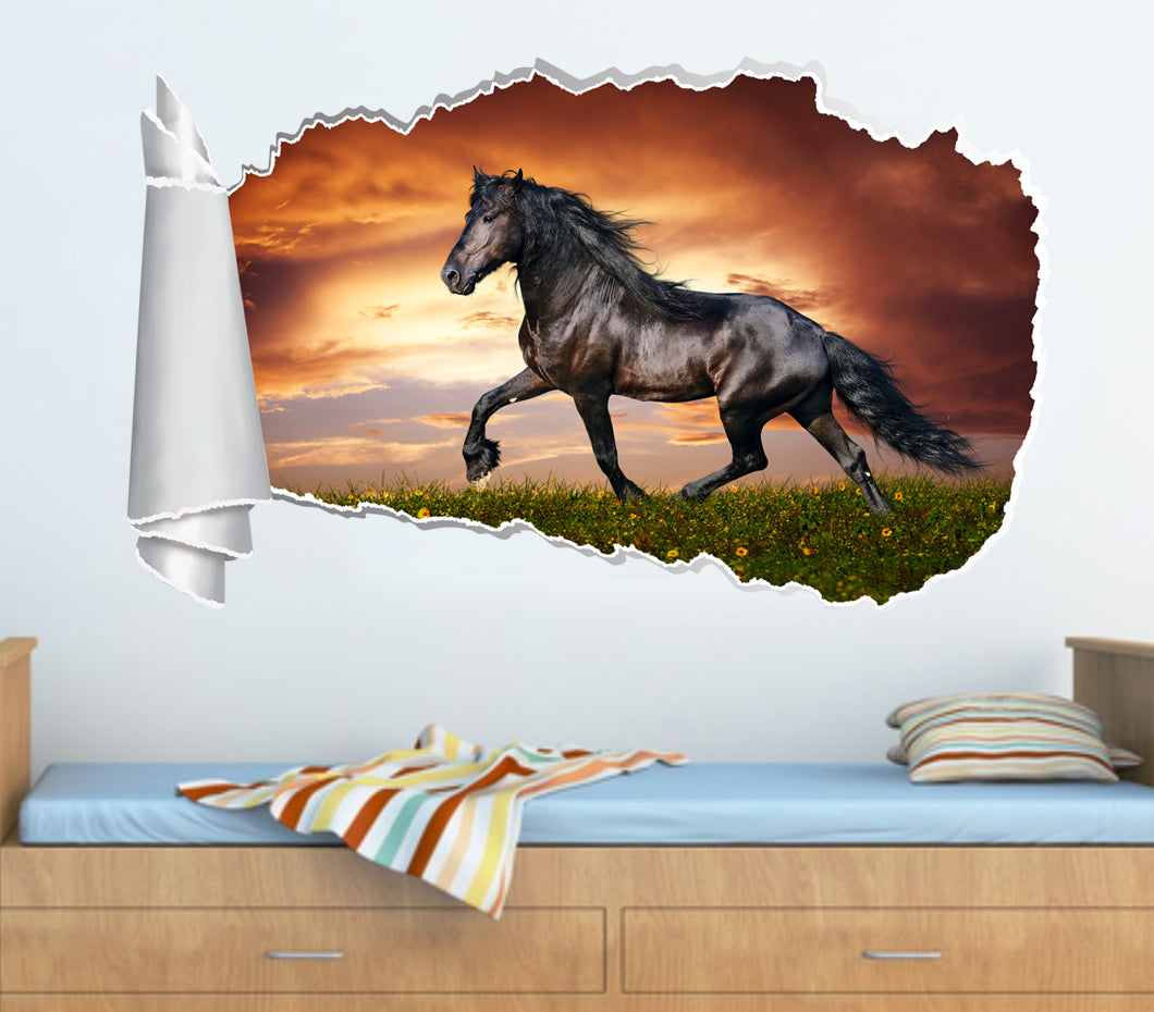 Noble Black Horse 3D Torn Paper Hole Ripped Effect Decal Wall Sticker