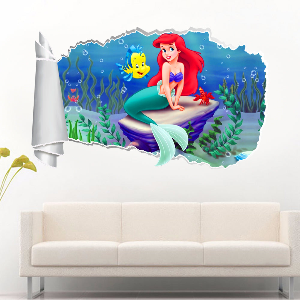 Little Mermaid 3D Torn Paper Hole Ripped Effect Autocollant mural de décalcomanies WT331