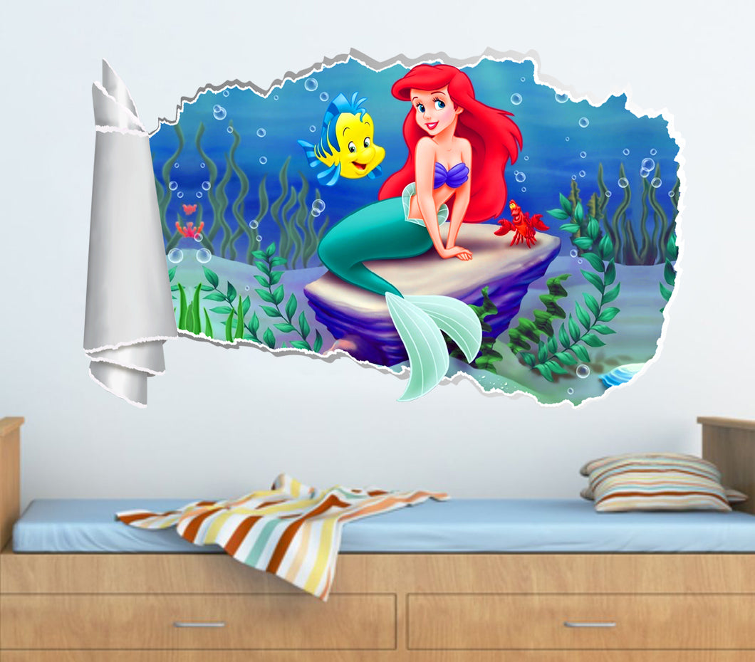 Little Mermaid 3D Torn Paper Hole Ripped Effect Autocollant mural de décalcomanies WT331