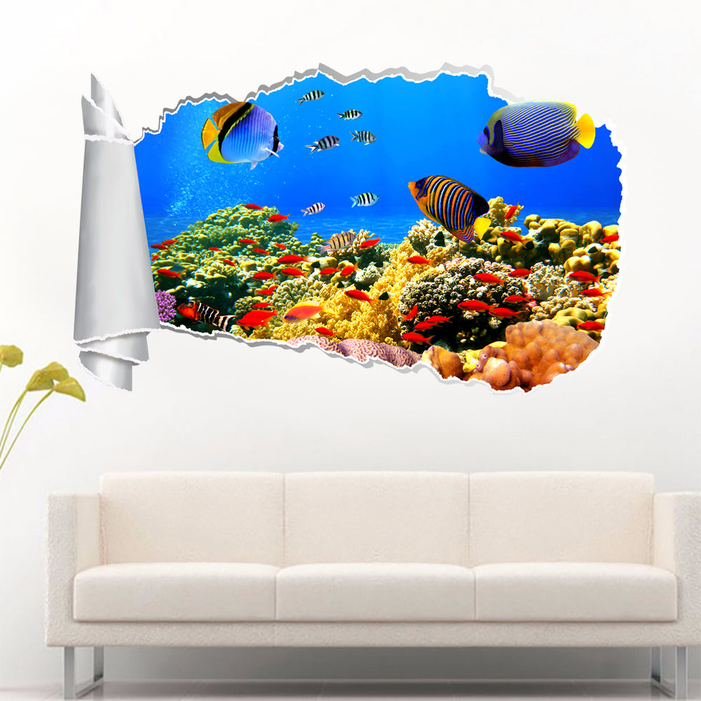 Tropical Fish Coral Reef 3D Torn Paper Hole Ripped Effect Autocollant mural décalcomanies