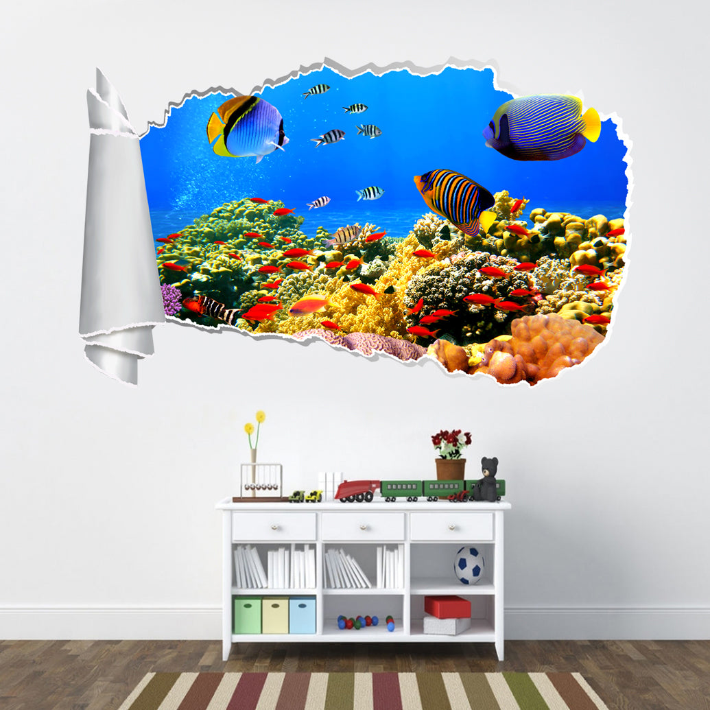 Tropical Fish Coral Reef 3D Torn Paper Hole Ripped Effect Autocollant mural décalcomanies