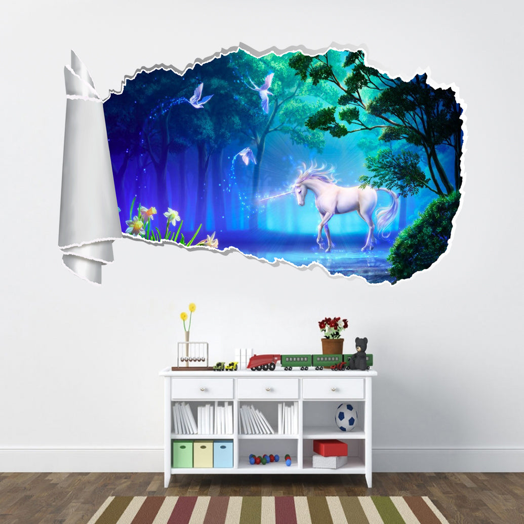 Unicorn Fantasy 3D Torn Paper Hole Ripped Effect Autocollant mural décalcomanique