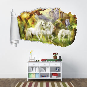 Licorne Garden Fantasy 3D trou de papier déchiré autocollant mural effet déchiré