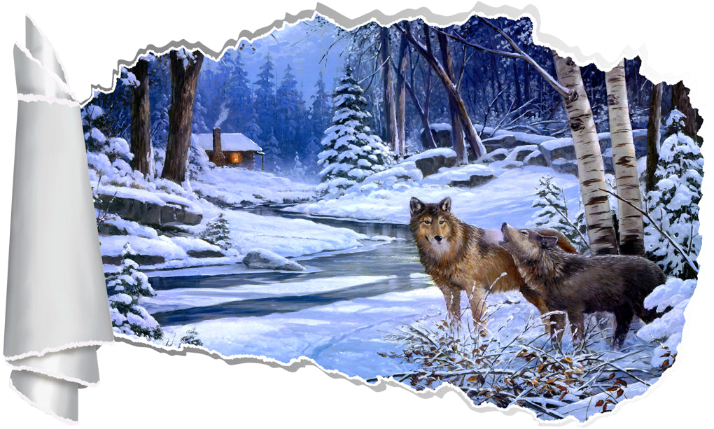 Wolves In Snow 3D Torn Paper Hole Ripped Effect Decal Wall Sticker