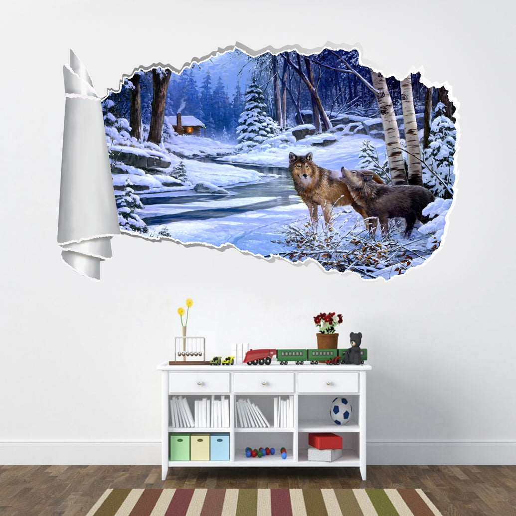 Wolves In Snow 3D Torn Paper Hole Ripped Effect Decal Wall Sticker