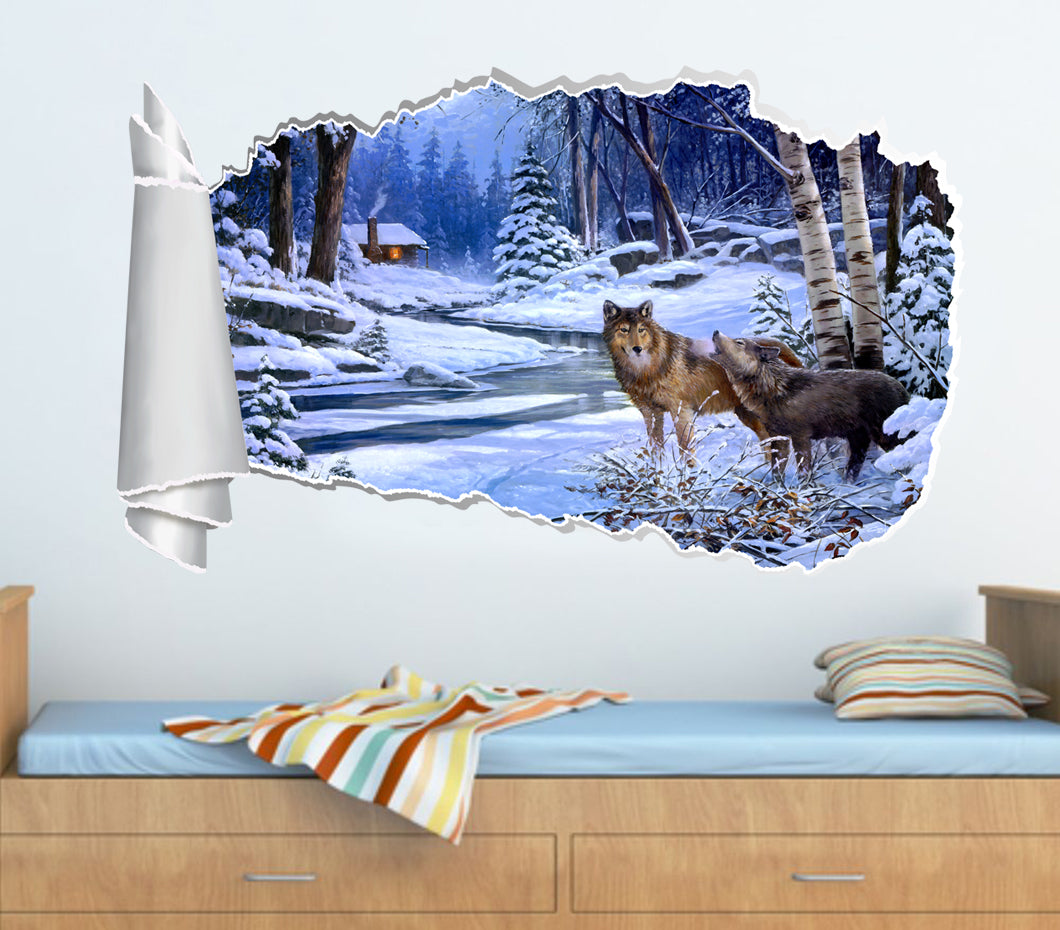Wolves In Snow 3D Torn Paper Hole Ripped Effect Decal Wall Sticker