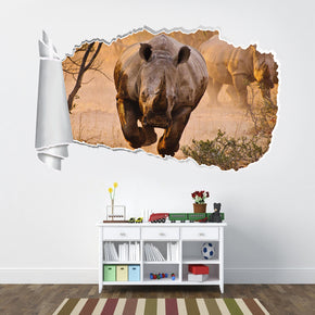 Rhinoceros Rhino 3D Torn Paper Hole Ripped Effect Decal Wall Sticker