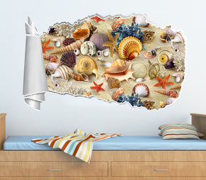 Seashells Beach 3D Torn Paper Hole Ripped Effect Decal Wall Sticker