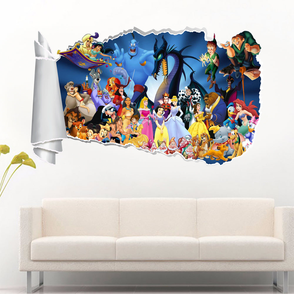 Disney Cartoon Characters 3D Torn Paper Hole Ripped Effect Décalcomanies Autocollant mural WT45