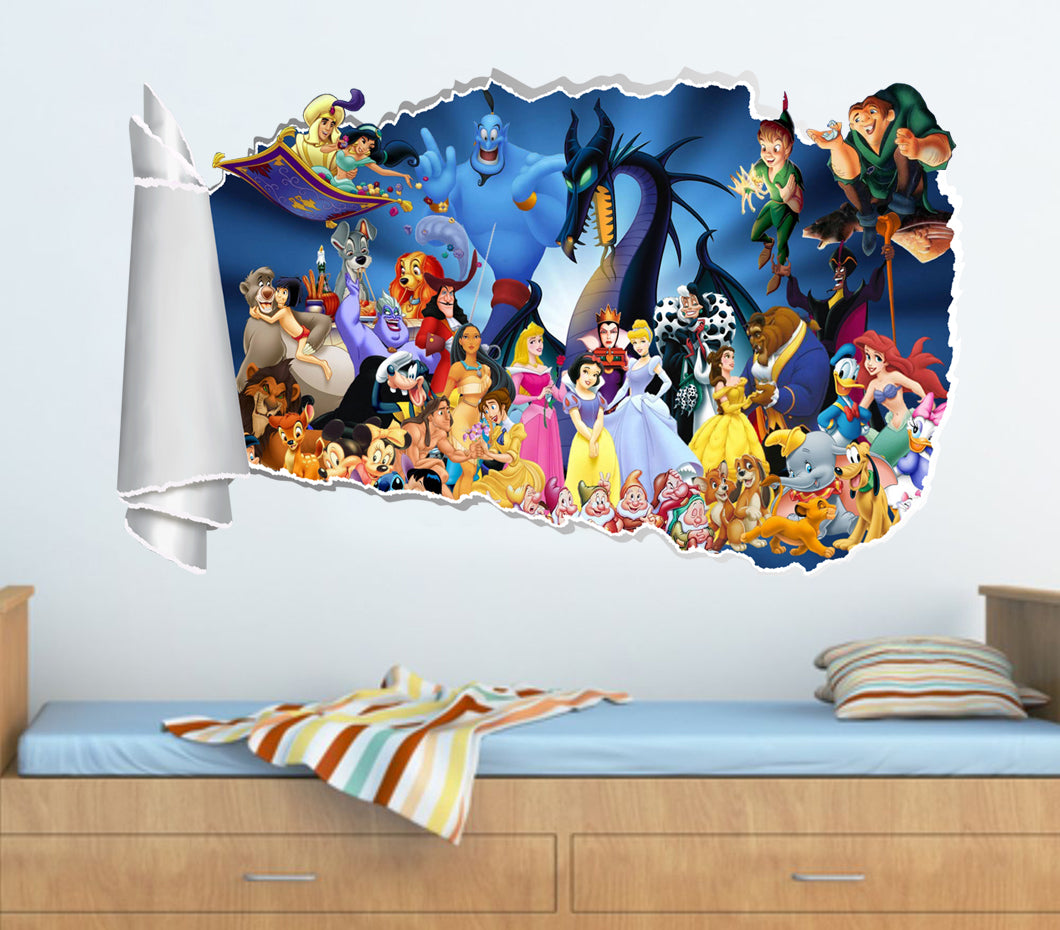 Disney Cartoon Characters 3D Torn Paper Hole Ripped Effect Décalcomanies Autocollant mural WT45