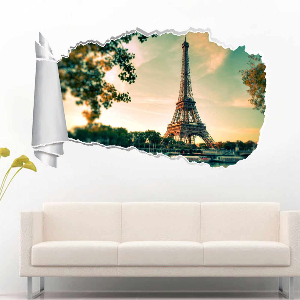 Paris Eiffel Tower 3D Torn Paper Hole Ripped Effect Decal Wall Sticker