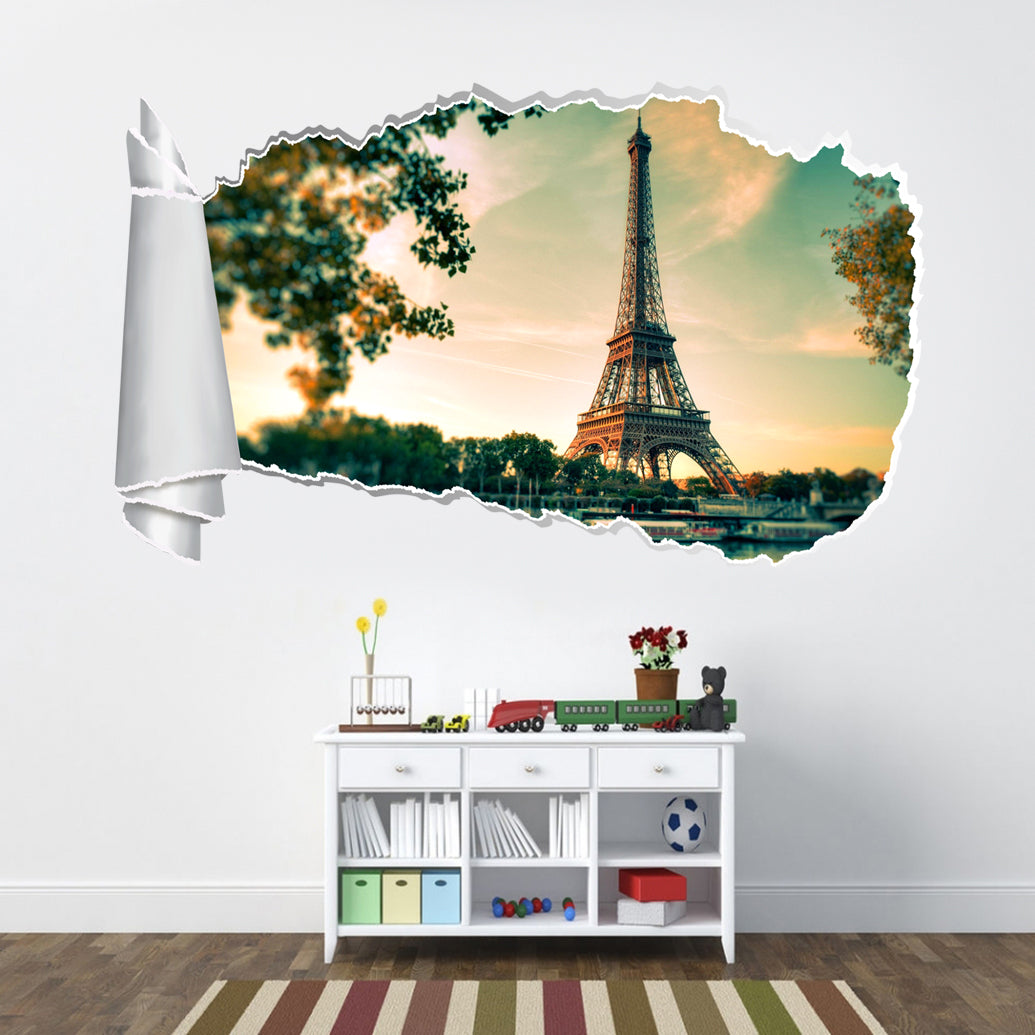 Paris Eiffel Tower 3D Torn Paper Hole Ripped Effect Decal Wall Sticker