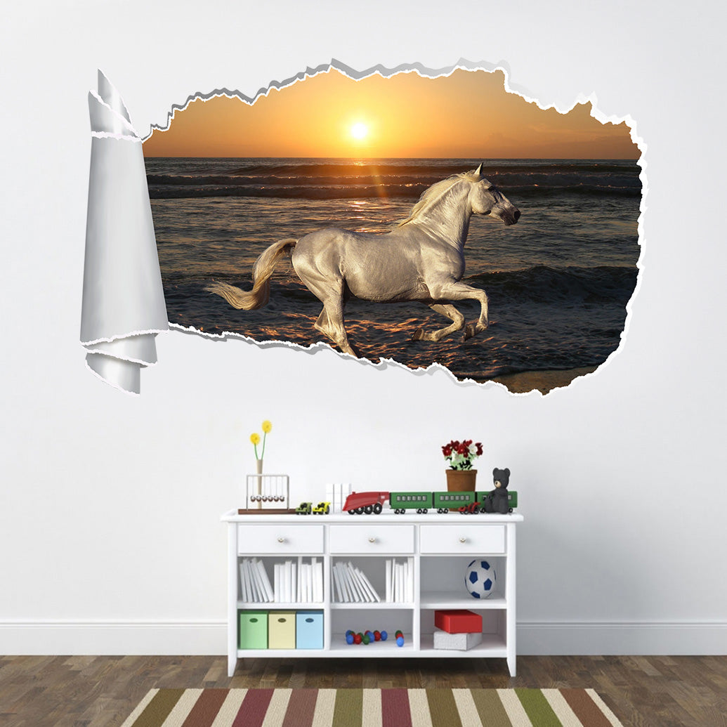 White Horse Beach Sunset 3D trou de papier déchiré autocollant mural effet