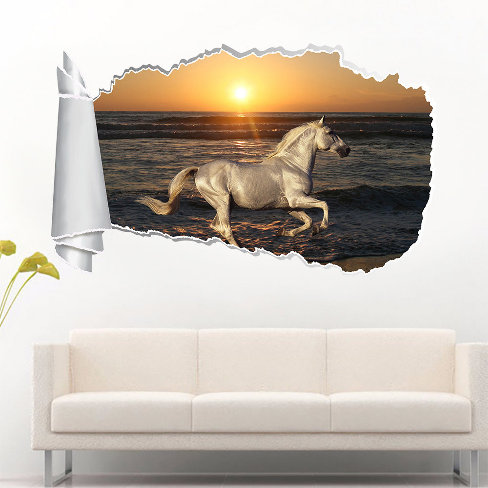White Horse Beach Sunset 3D trou de papier déchiré autocollant mural effet