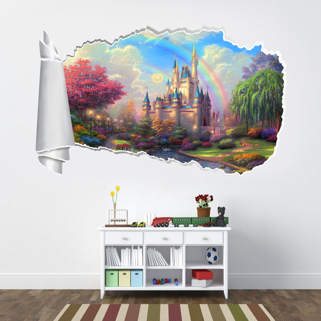 Princess Castle Fantasy 3D Torn Paper Hole Ripped Effect Autocollant mural décalcomanique