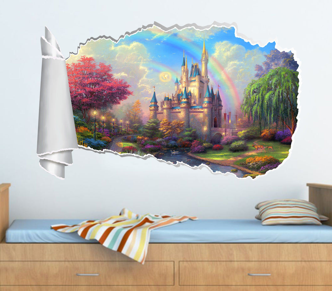 Princess Castle Fantasy 3D Torn Paper Hole Ripped Effect Autocollant mural décalcomanique