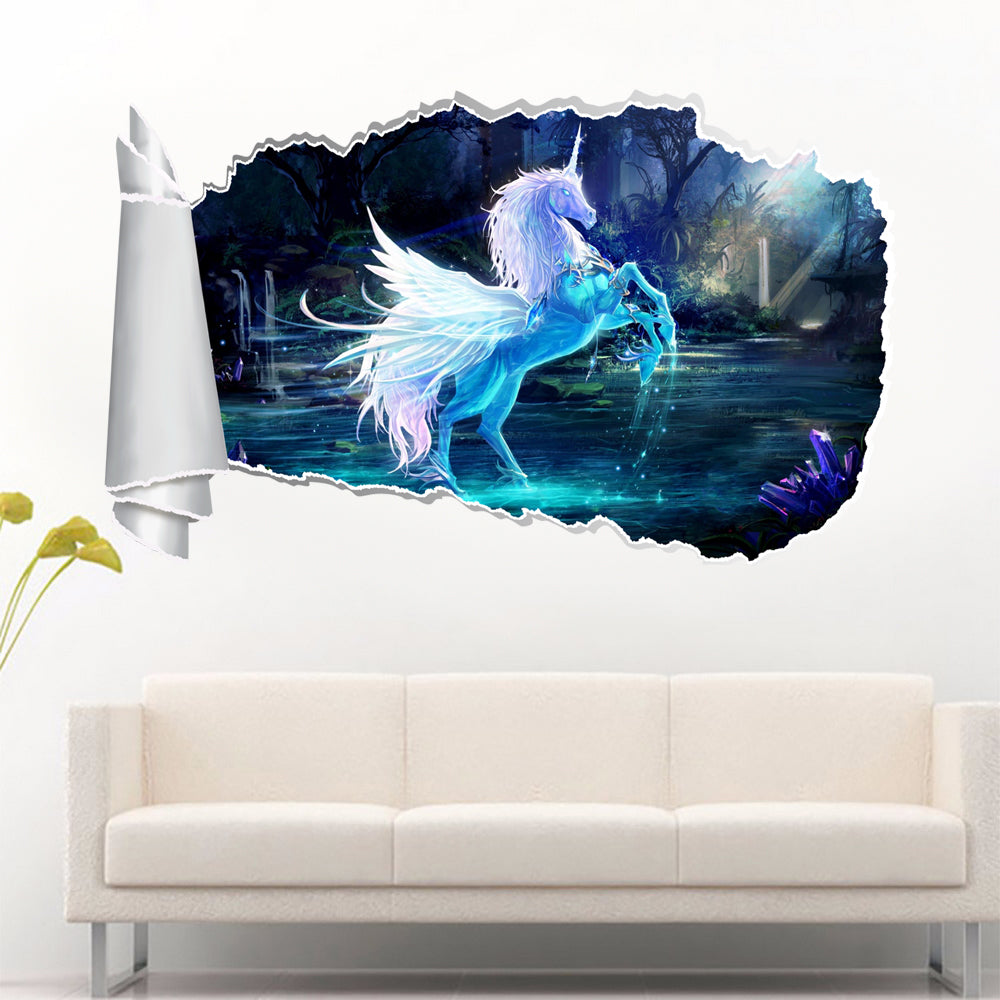 Unicorn Fantasy 3D Torn Paper Hole Ripped Effect Autocollant mural décalcomanique