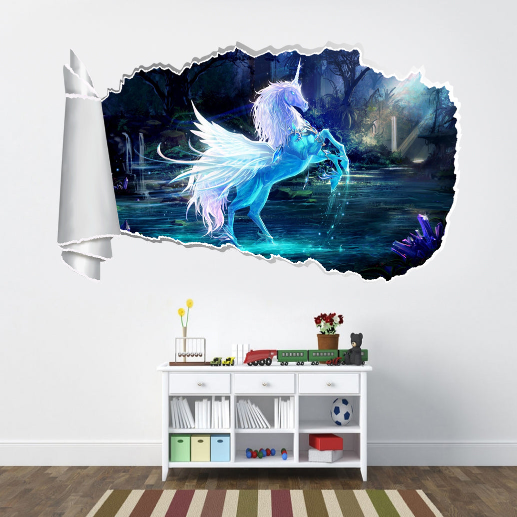 Unicorn Fantasy 3D Torn Paper Hole Ripped Effect Autocollant mural décalcomanique