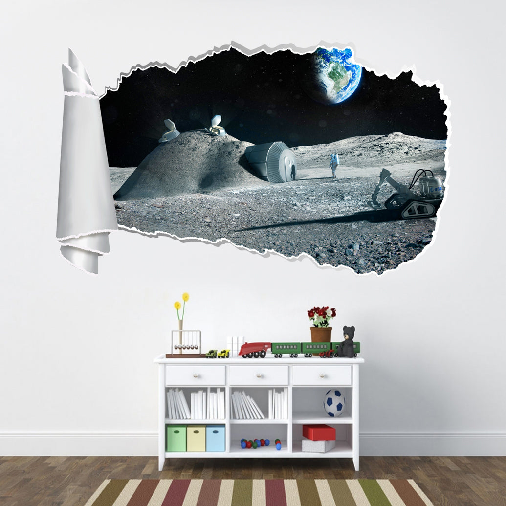 Astronaut On Moon Space 3D Torn Paper Hole Ripped Effect Decal Wall Sticker