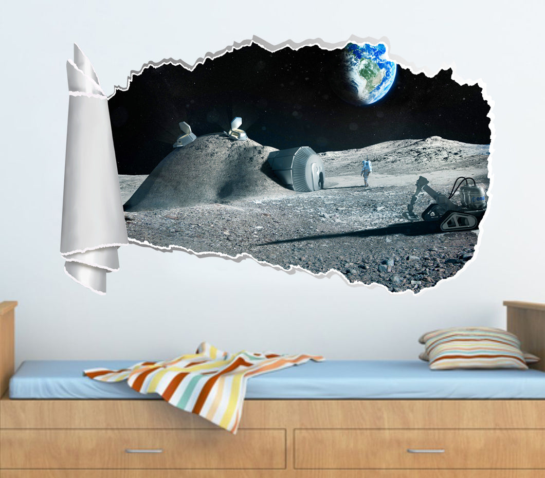 Astronaut On Moon Space 3D Torn Paper Hole Ripped Effect Decal Wall Sticker